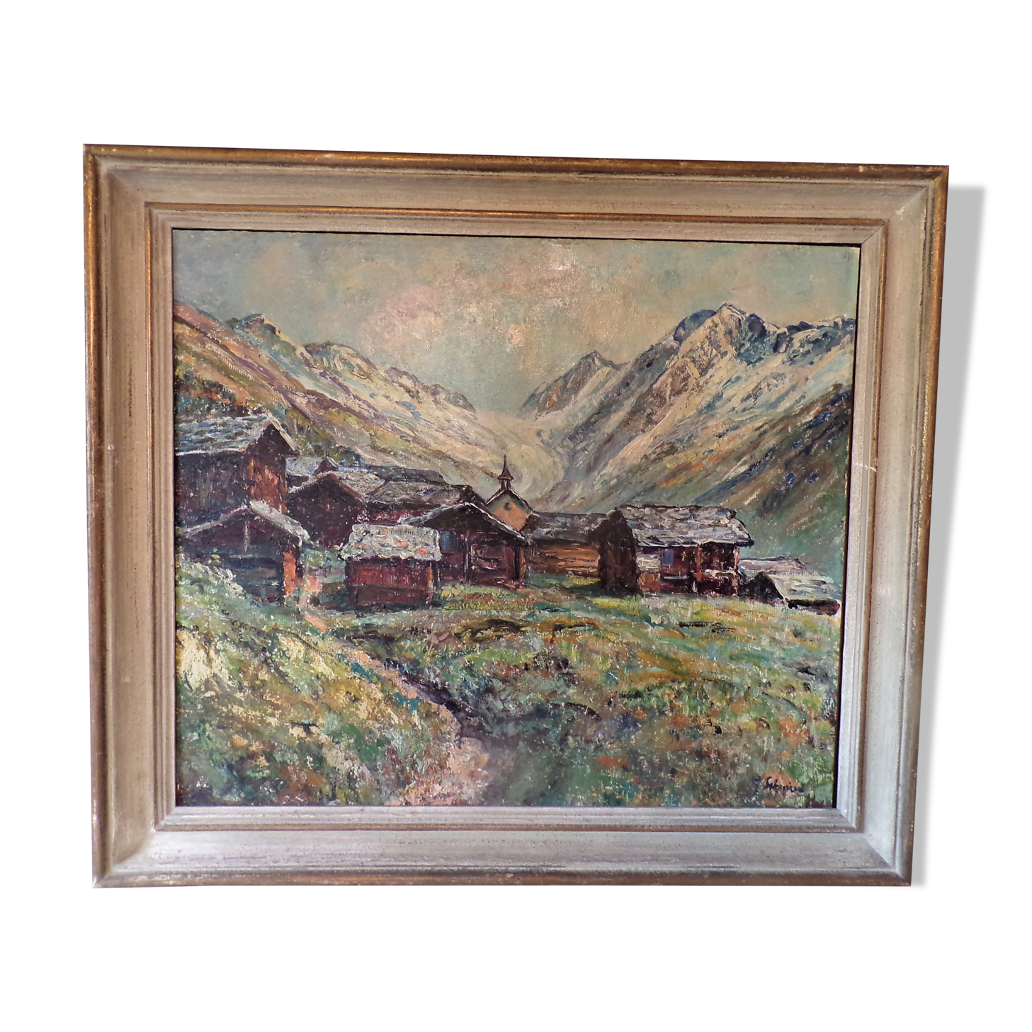 Huile sur panneau "Paysage village Alpin "