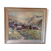 Huile sur panneau "Paysage village Alpin "