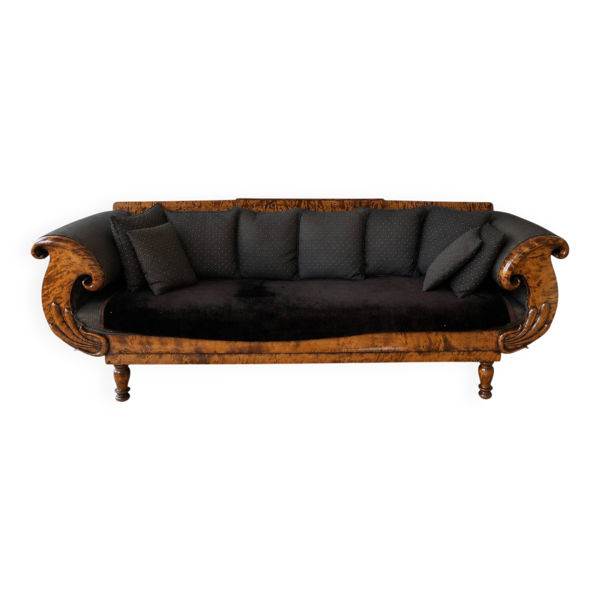Grand canapé Biedermeier pour 3/4 personnes en bois norvégien rayé – 19e siècle
