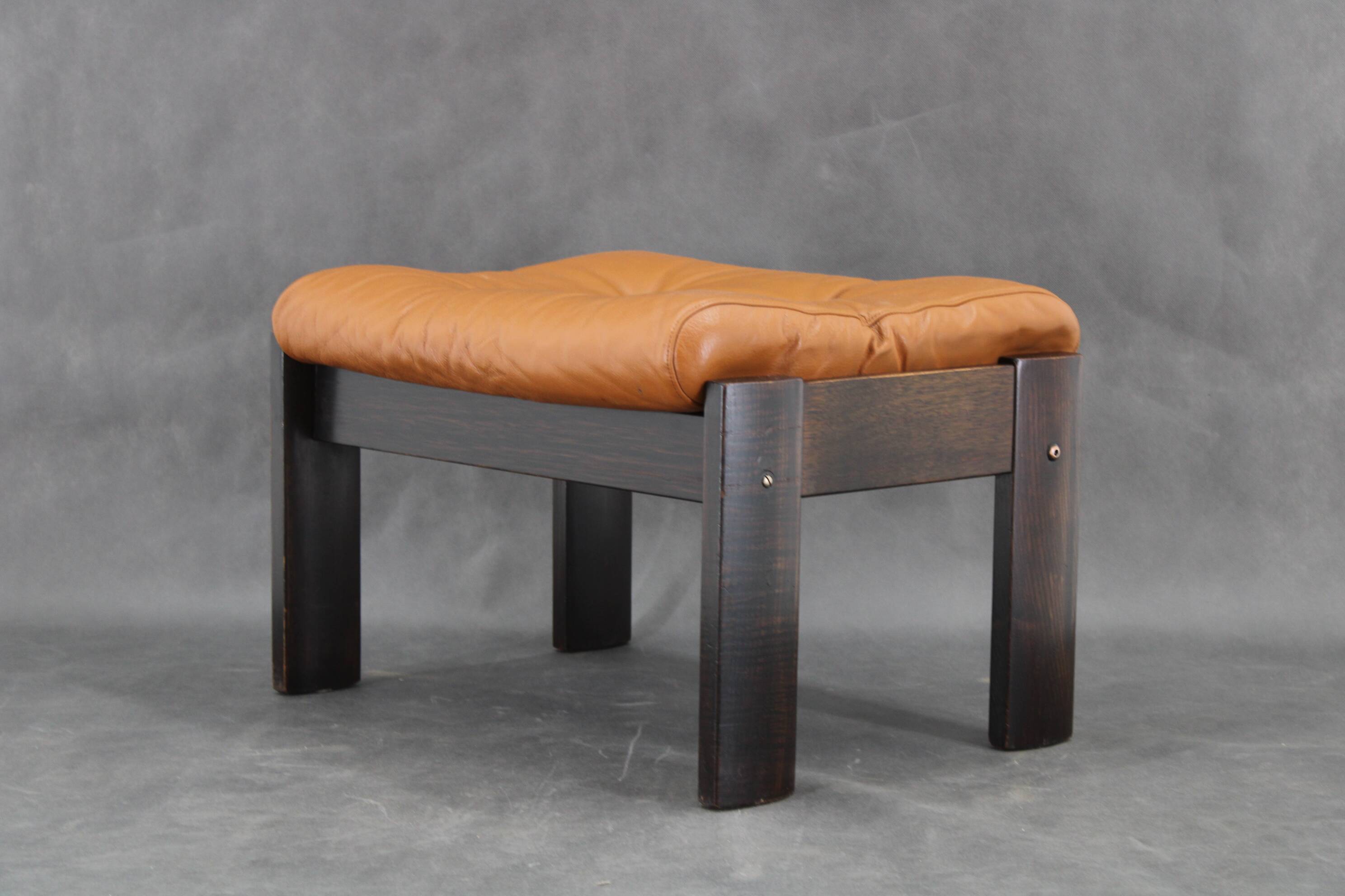 1960s Brown Leather Oak Stool, Denmark