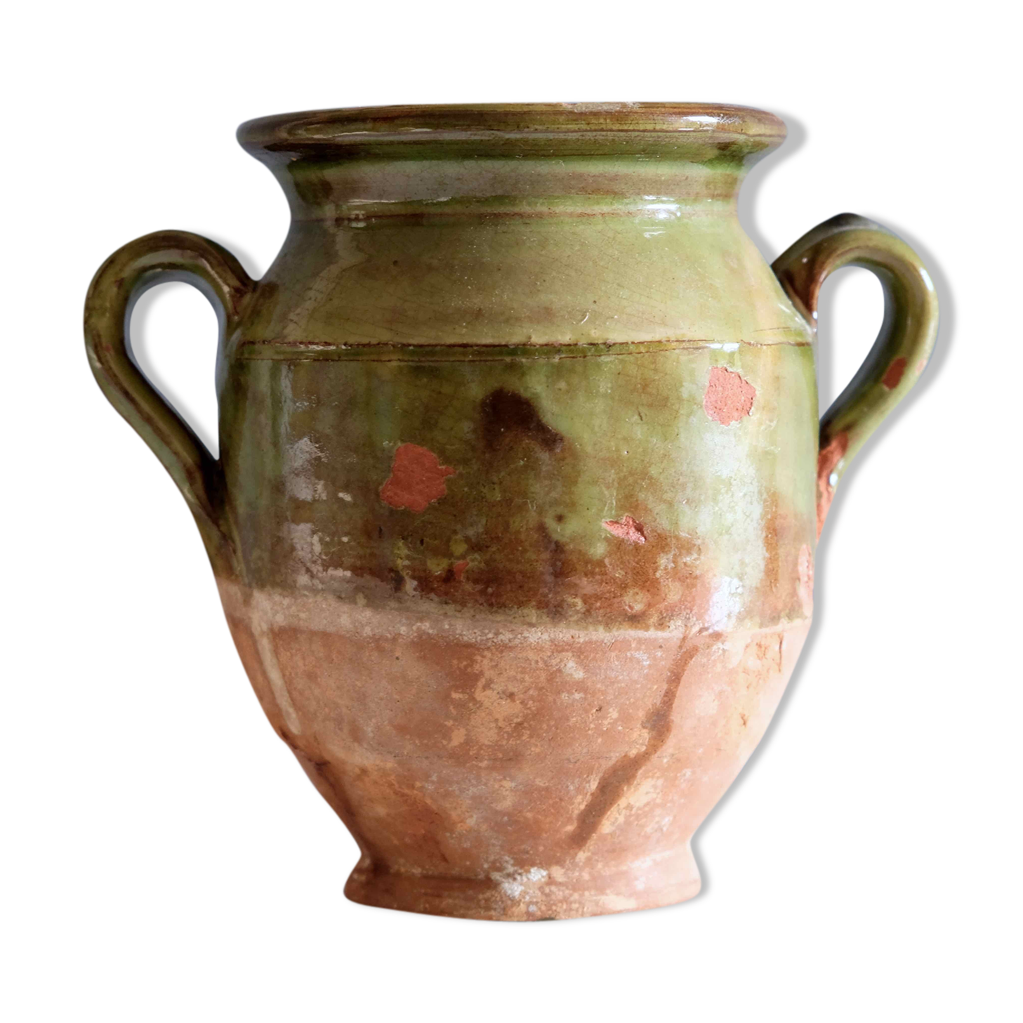 Terra cotta glazed Provencal old enameled antique olive jar