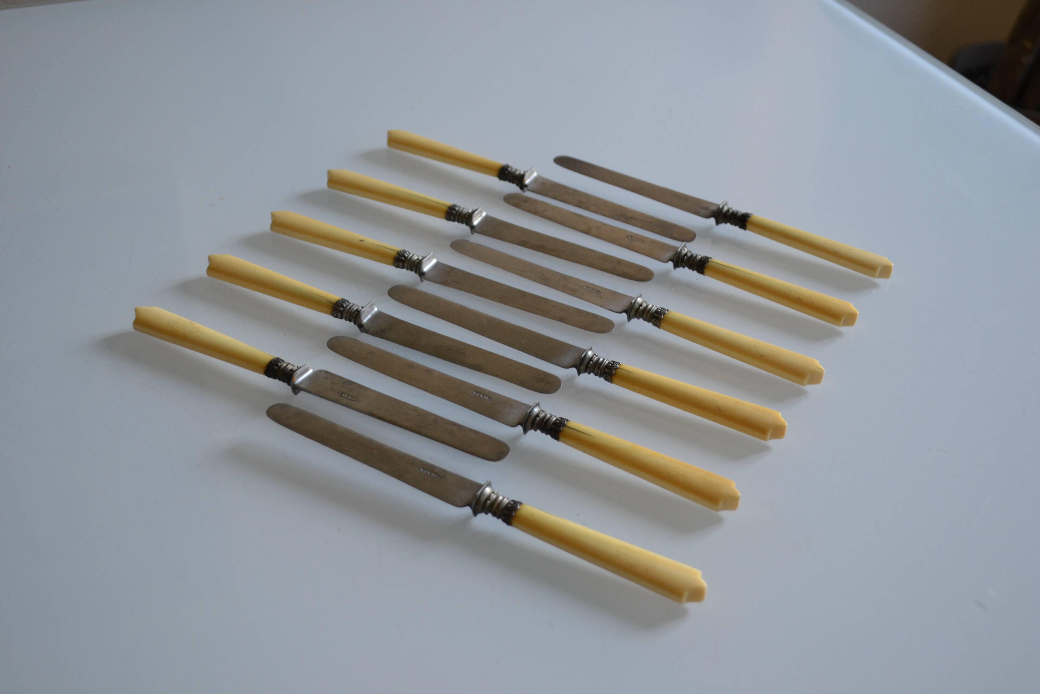 11 antique 19th-century table knives with ivory-colored monogram handles