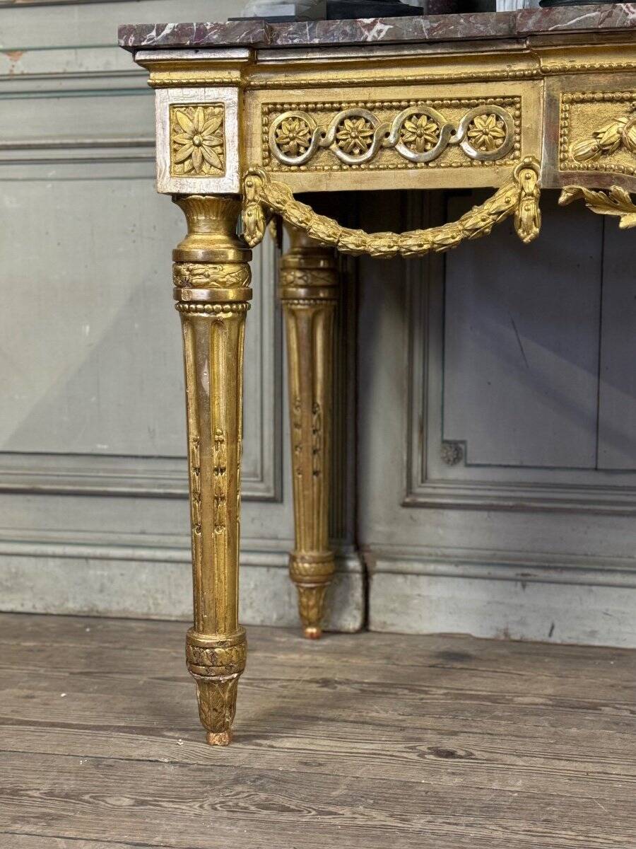 Louis XVI Console in Gilded Wood, Grey Ardennes Marble, 18th Century