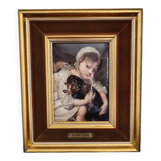 Small old painting in enamels "child with dog" by Greuze