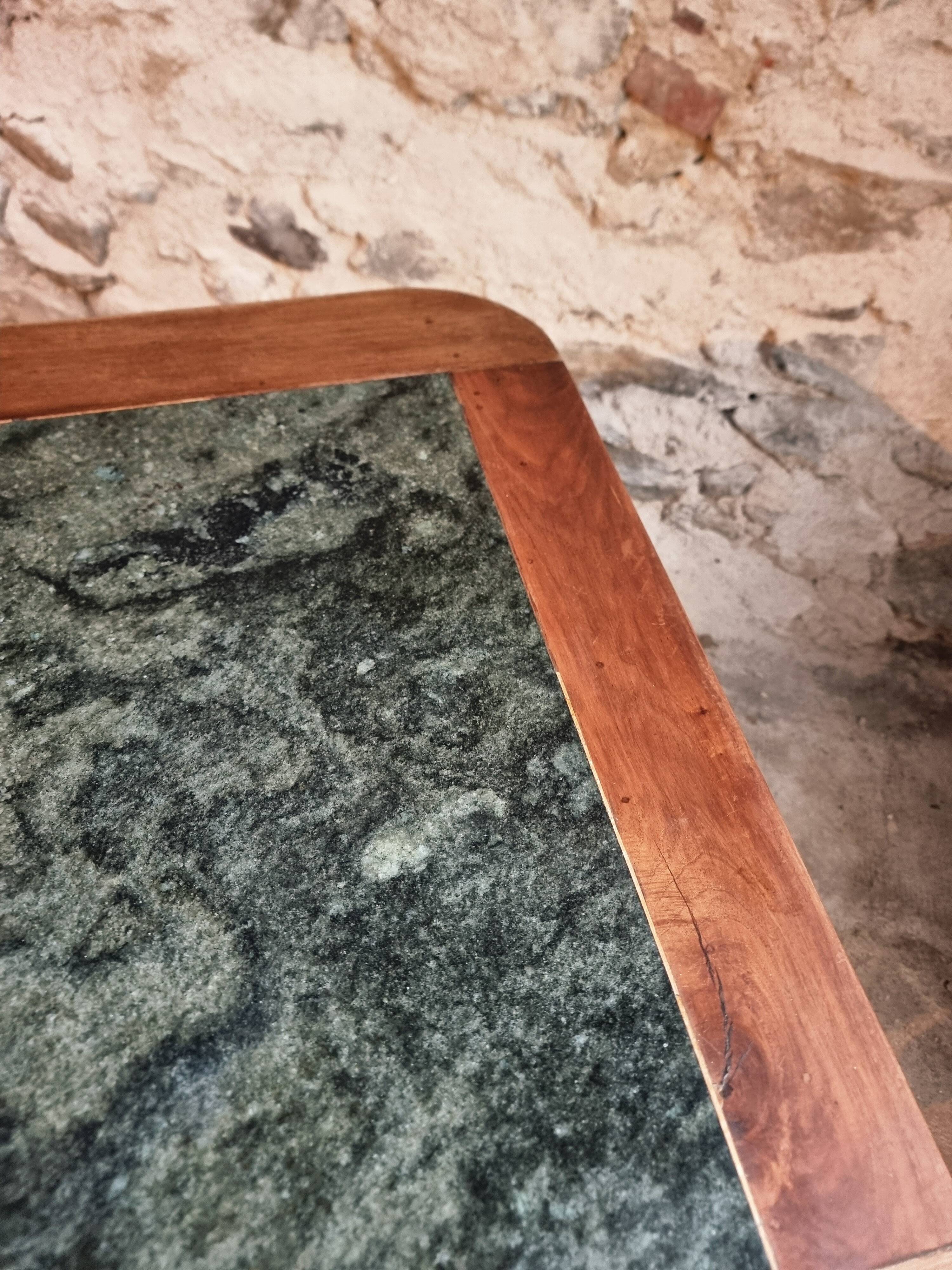 French vintage dining/desk table – oak and walnut – marble top – 1960s writing table with drawer
