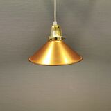 Copper hanging lamp with brass colored top and white inside lacquer.