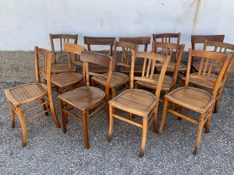 Set of 13 old art deco bistro chairs from the 1930s in light wood