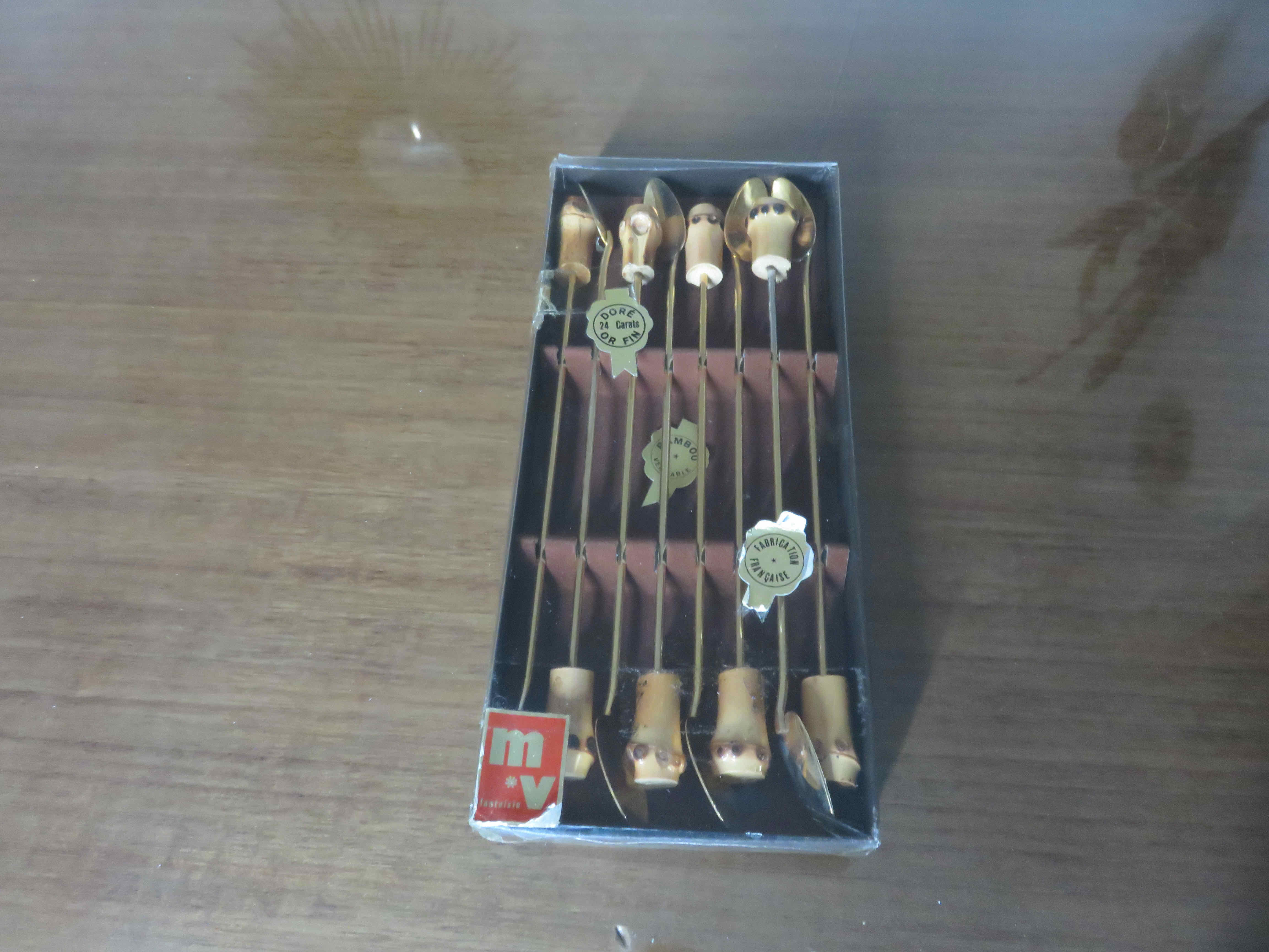 8 cocktail spoons bamboo sleeves gilded with gold late 50s 60s