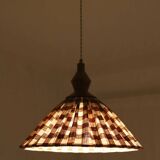 Suspension plissée "Olga" tissu à carreaux terra et finition bois tourné