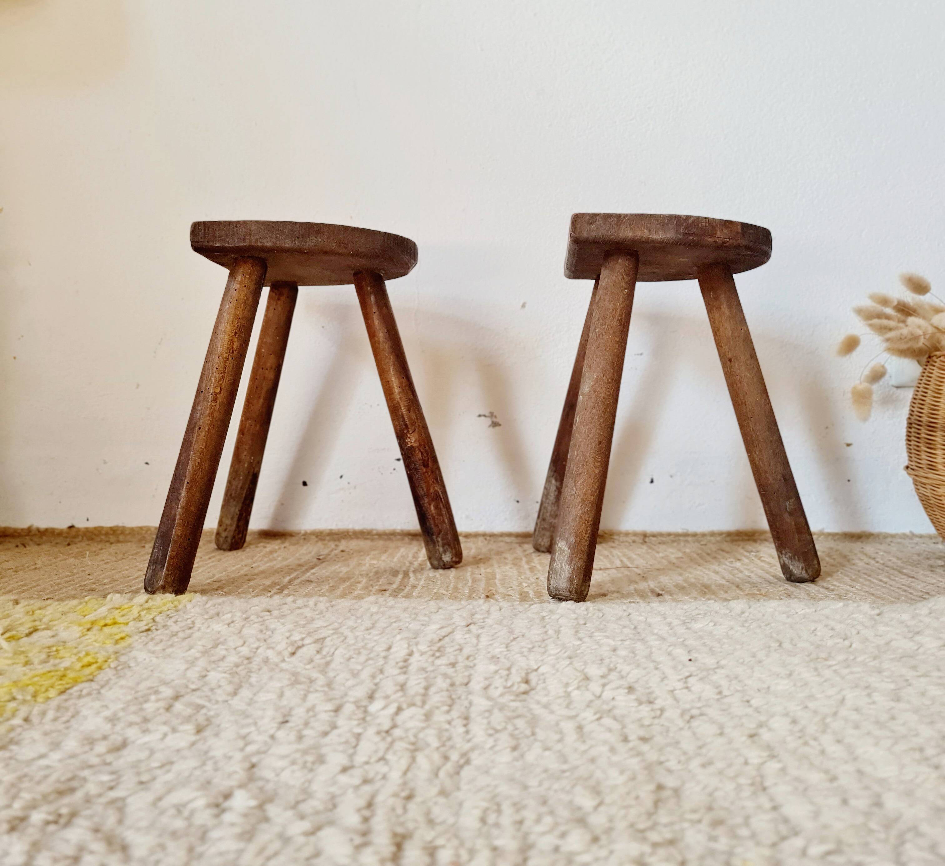 Pair of tripod wooden stools - brutalist look
