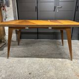 Table en chêne blond, pieds compas, années 60