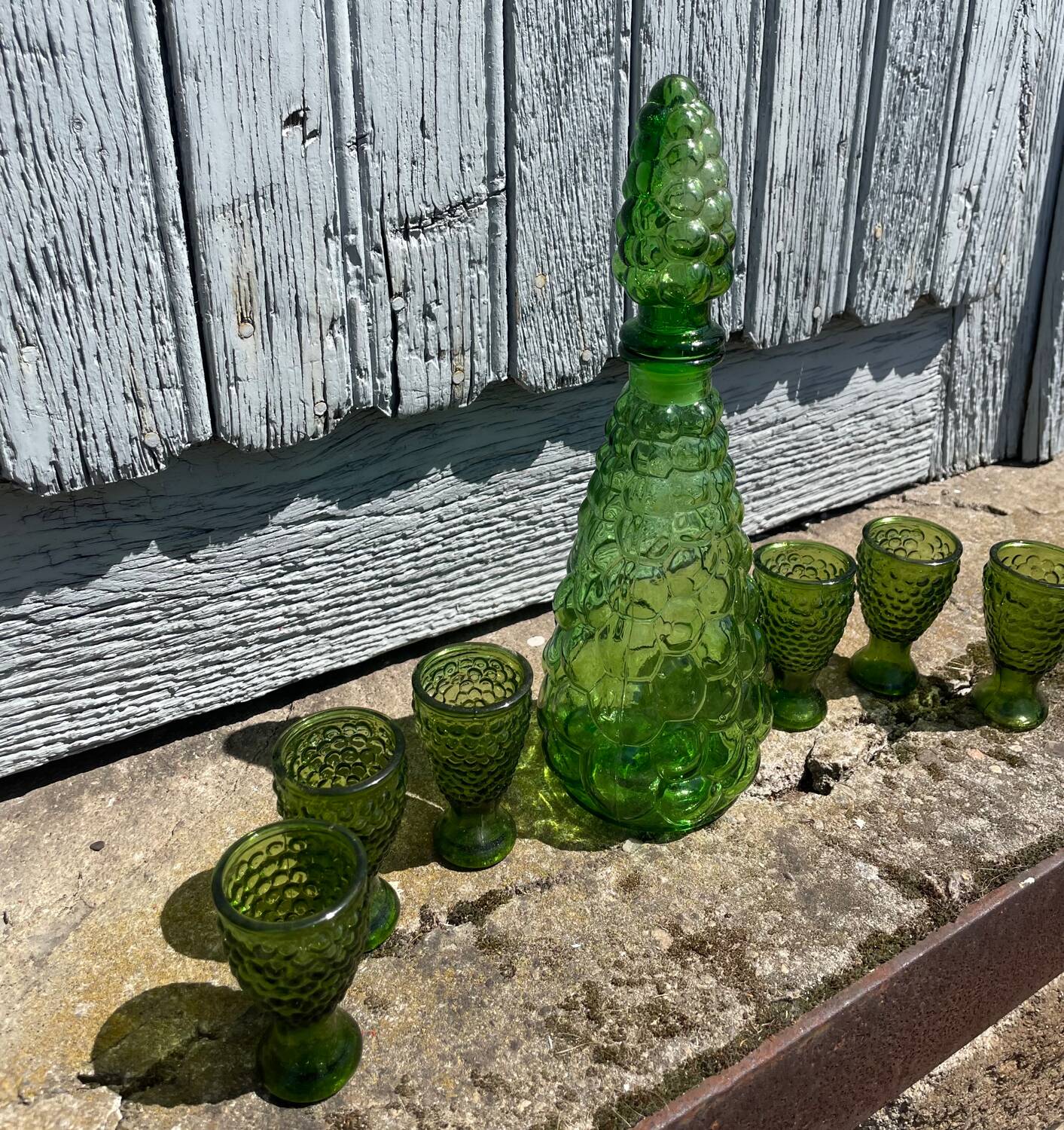 Liqueur service coloured glass empoli, vintage green carafe