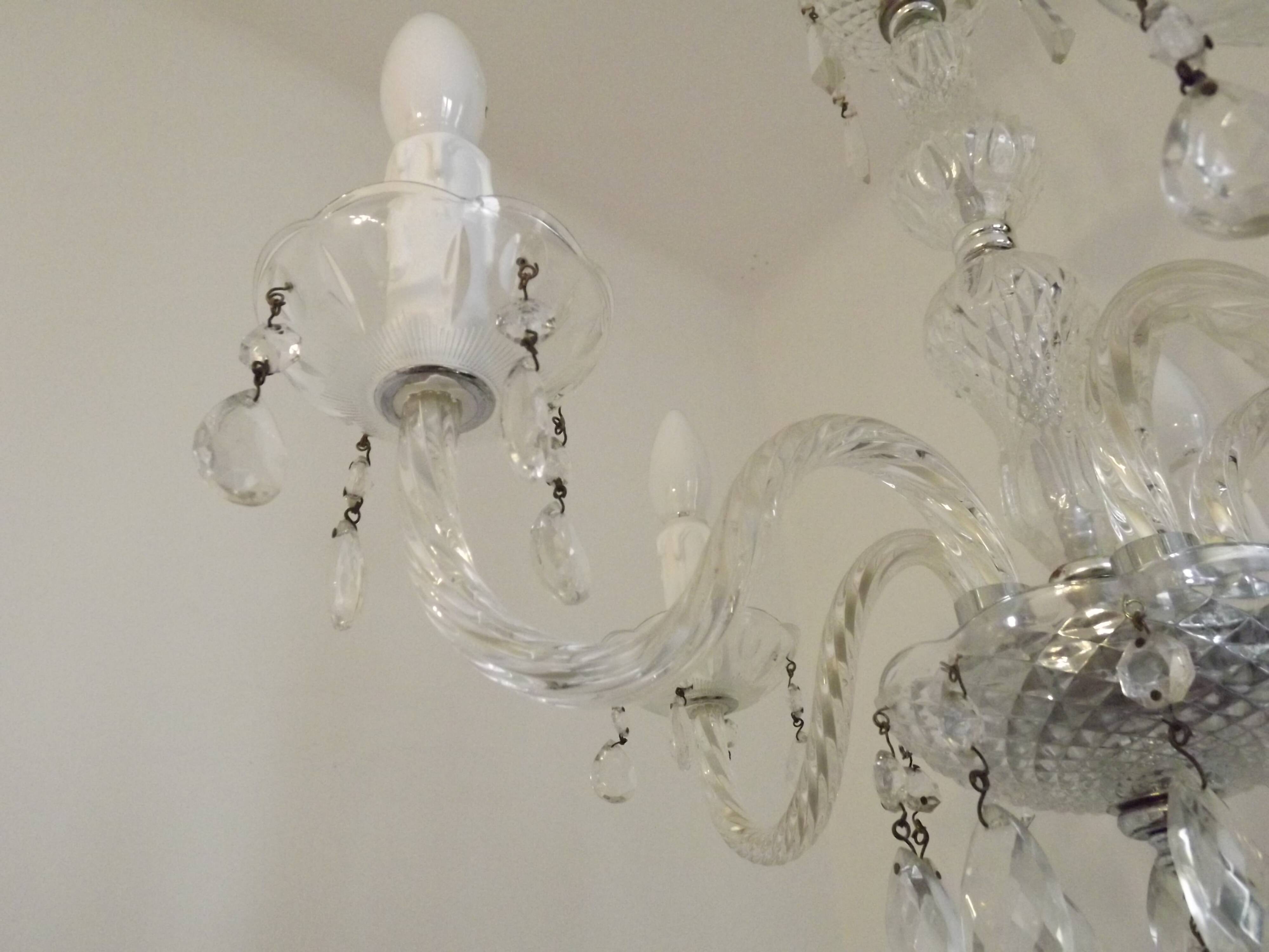 French Vintage  5 Light Barley Twist Glass and Crystal Chandelier