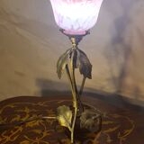 Lampe fer forgé patine bronze 1920 a 40 jolie tulipe pate de verre rose 36x