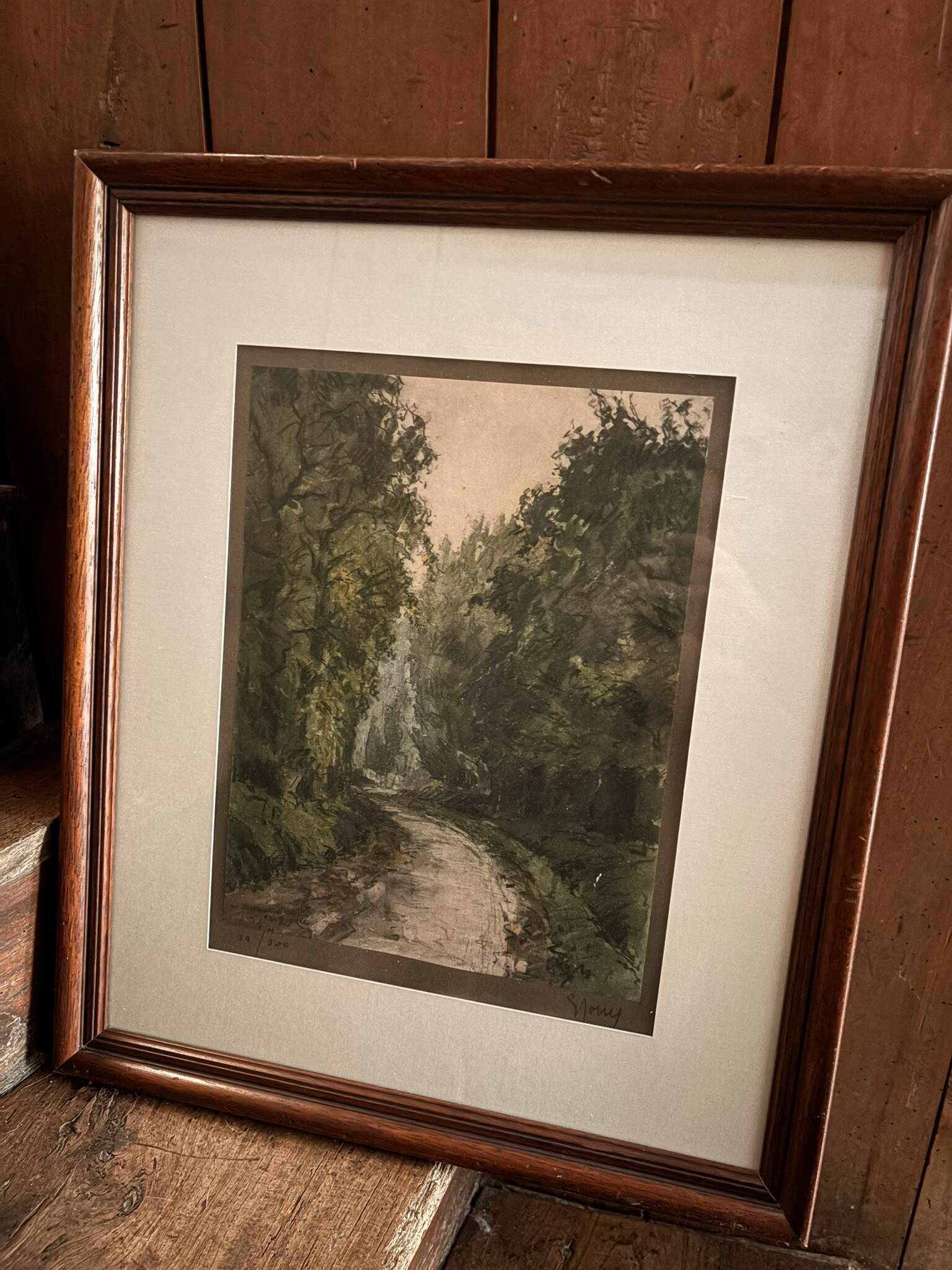 Enhanced Lithographic Engraving Path Under Wood Forest Tree Landscape Gilded