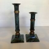 Pair of green patinated brass candlesticks