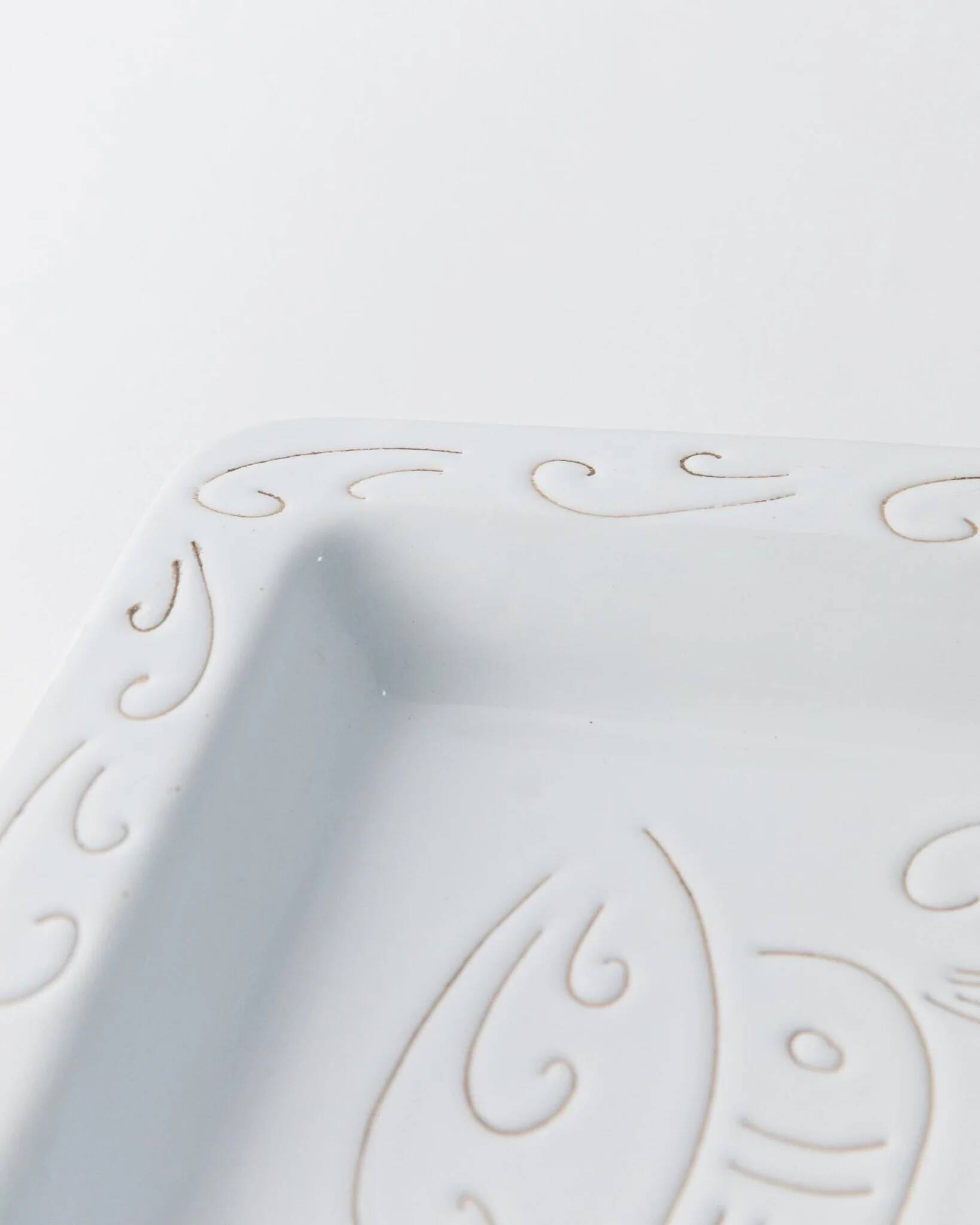 White Ceramic Plate with Etched Rooster Relief – Vintage Mid-Century Square Plate, Jacques Innocenti Style