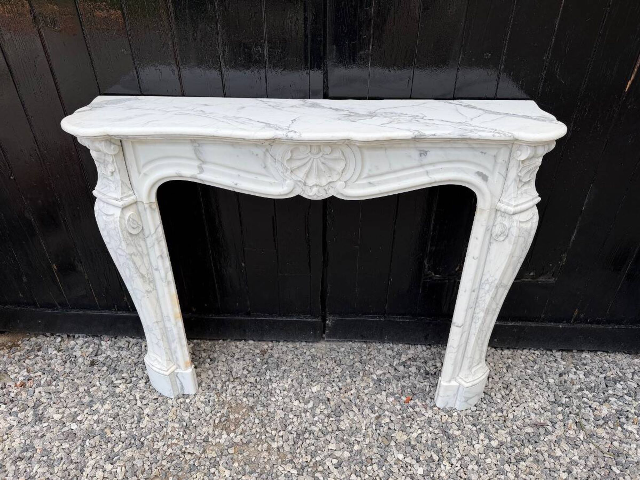 Louis XV style fireplace in Arabescato Carrara marble, circa 1880.