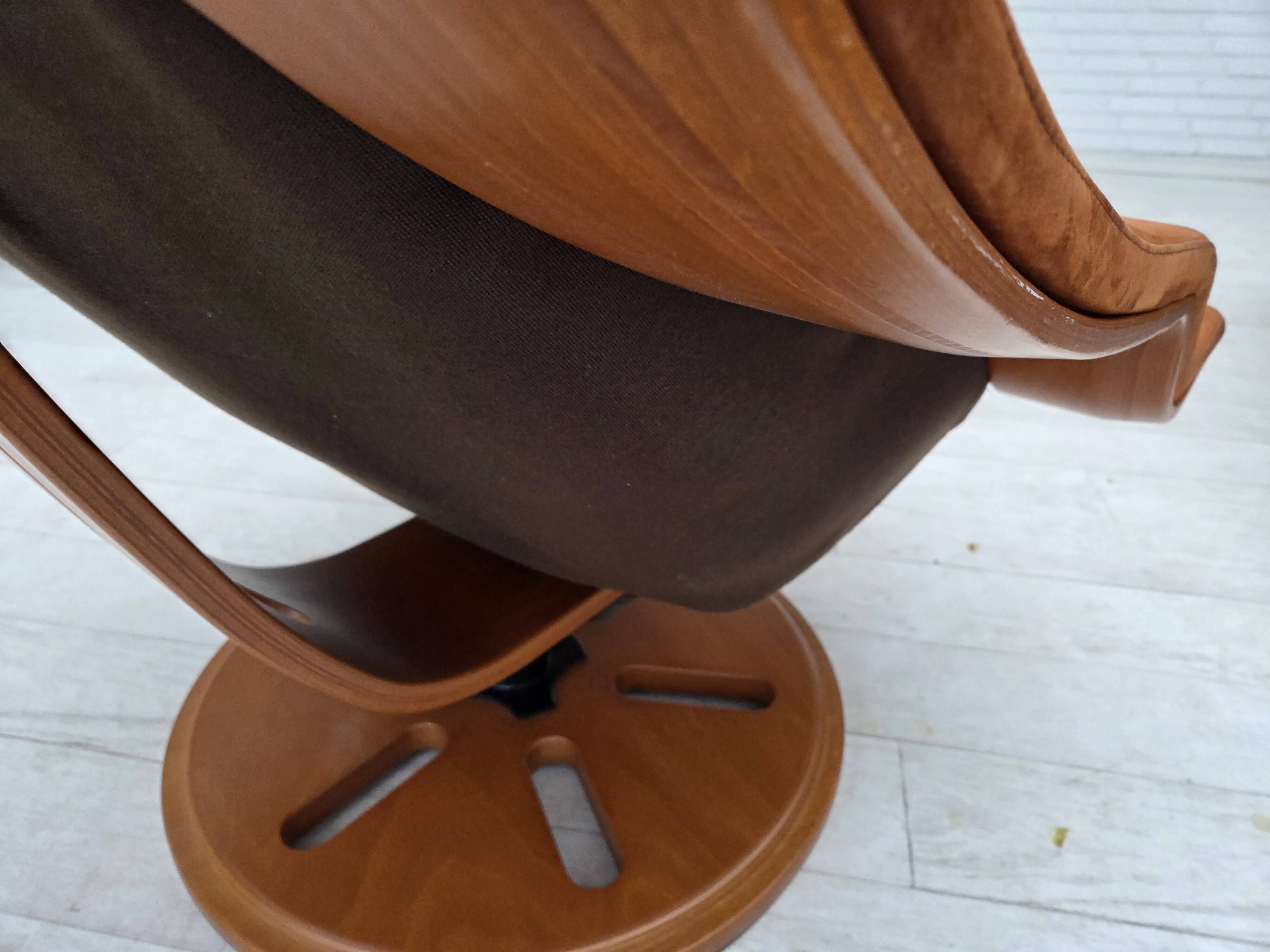1980s, Swedish swivel armchair, nubuck leather, canvas, bent beech wood.
