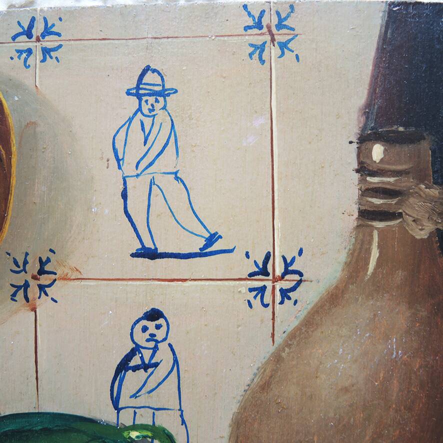 Old oil painting: still life with Dutch tiles