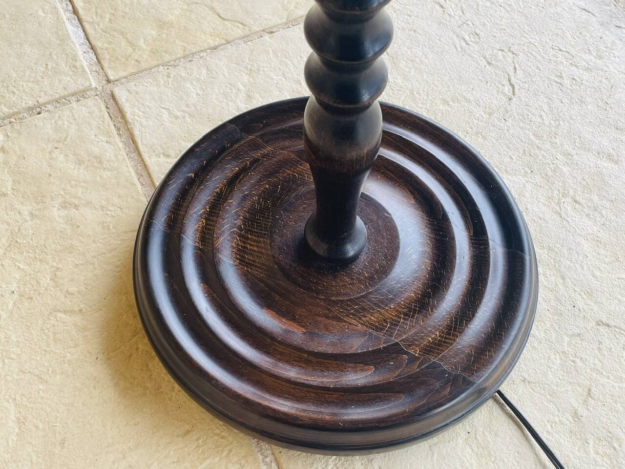 Vintage Floor Lamp Turned Wood, Bamboo Rattan Circa 1950s