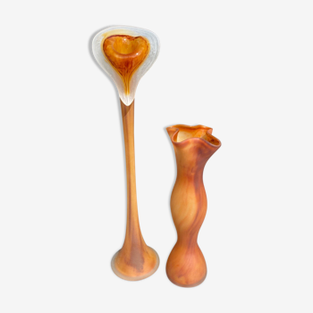Old hand blown glass sculptures | set of 2 orange handblown home decor vases
