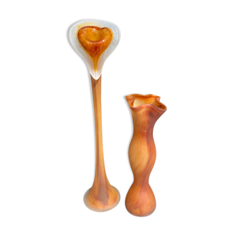 Old hand blown glass sculptures | set of 2 orange handblown home decor vases