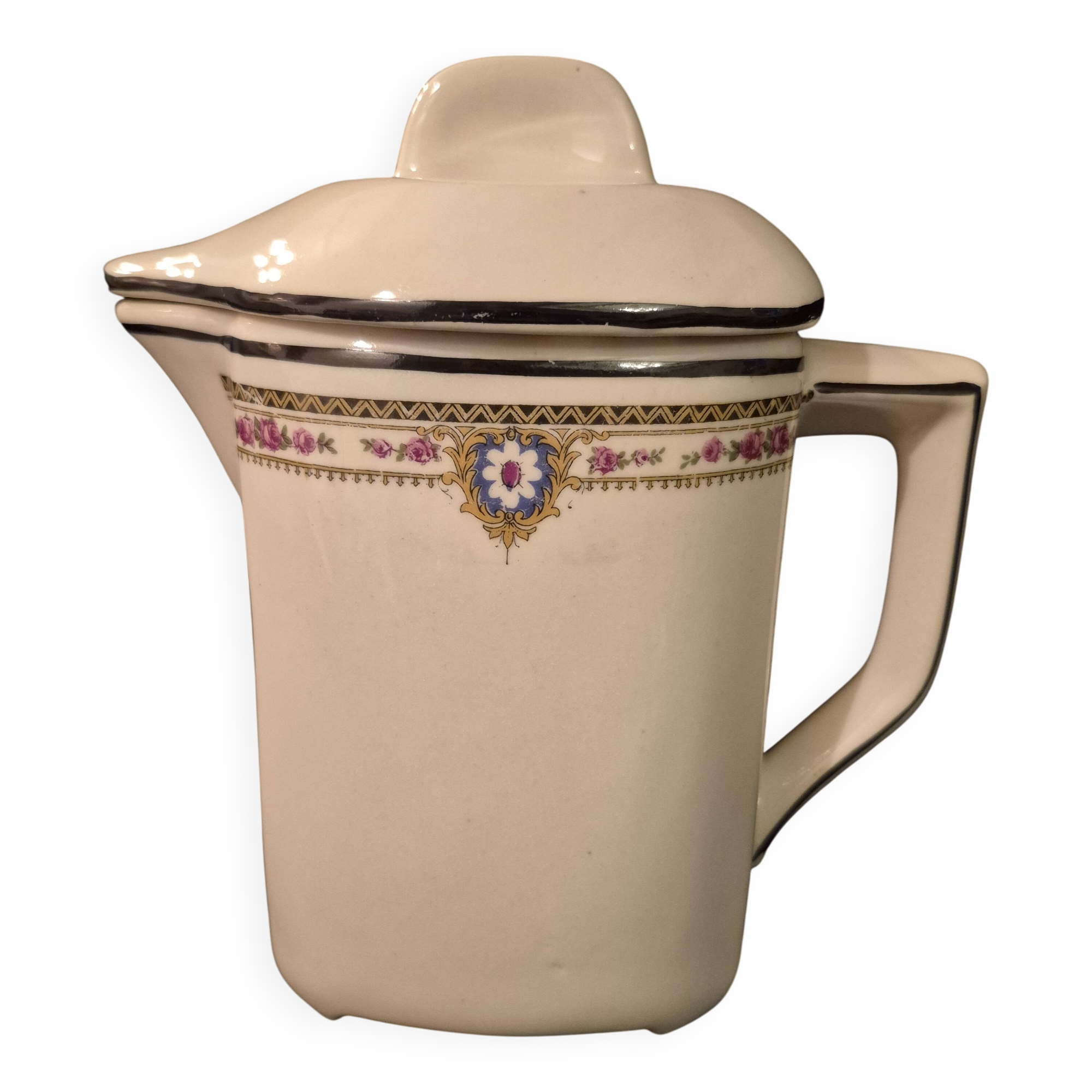 Old covered jug, vintage, geometric frieze with flowers and black trim.