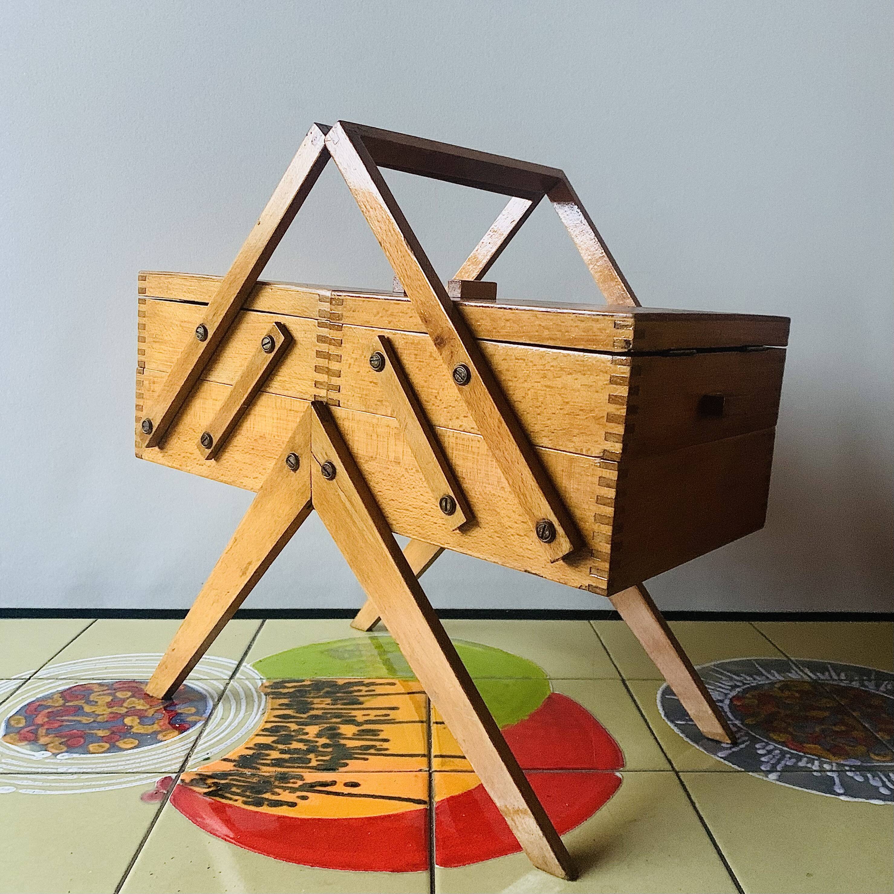Worker - wooden sewing box with vintage compass feet