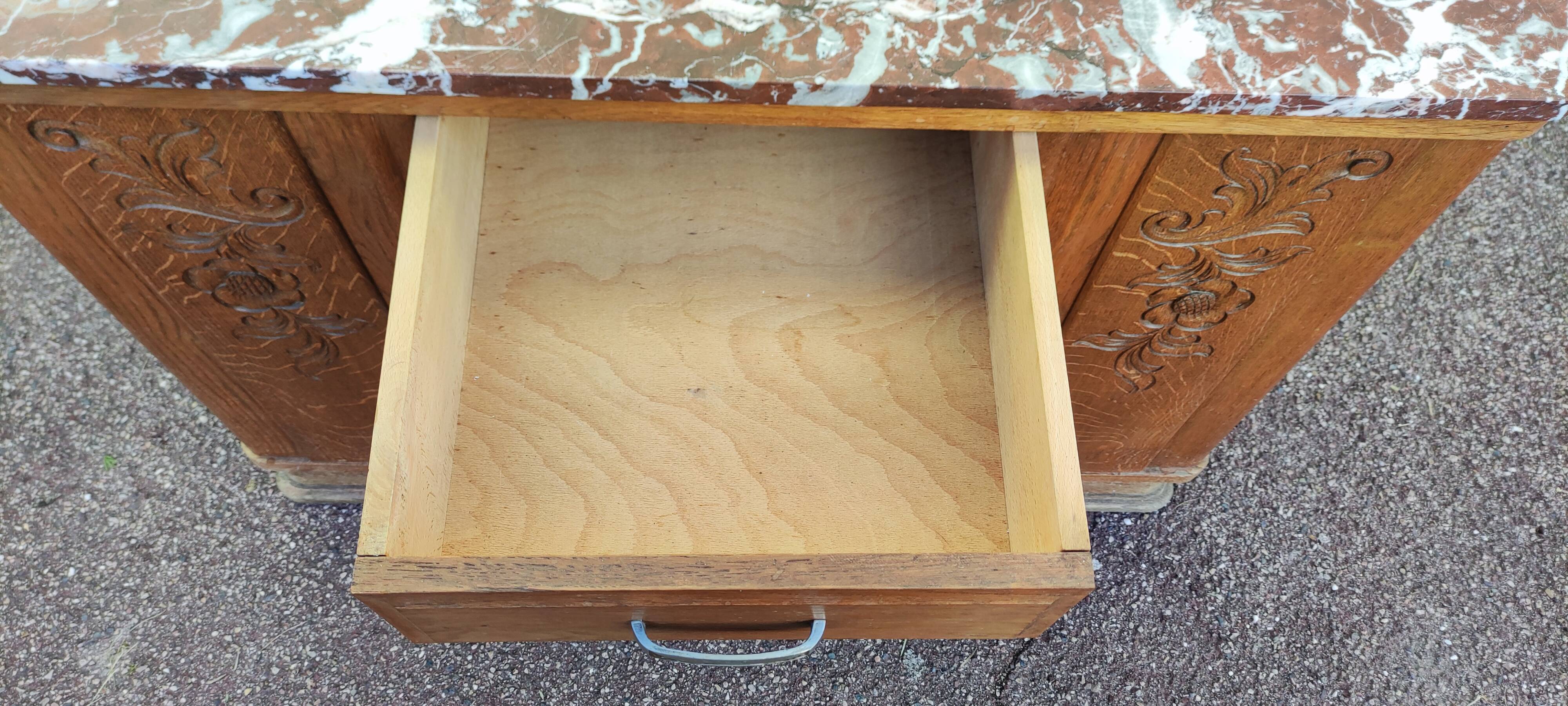 Small Buffet Commode Solid wood 4 drawer - Red marble - 1950