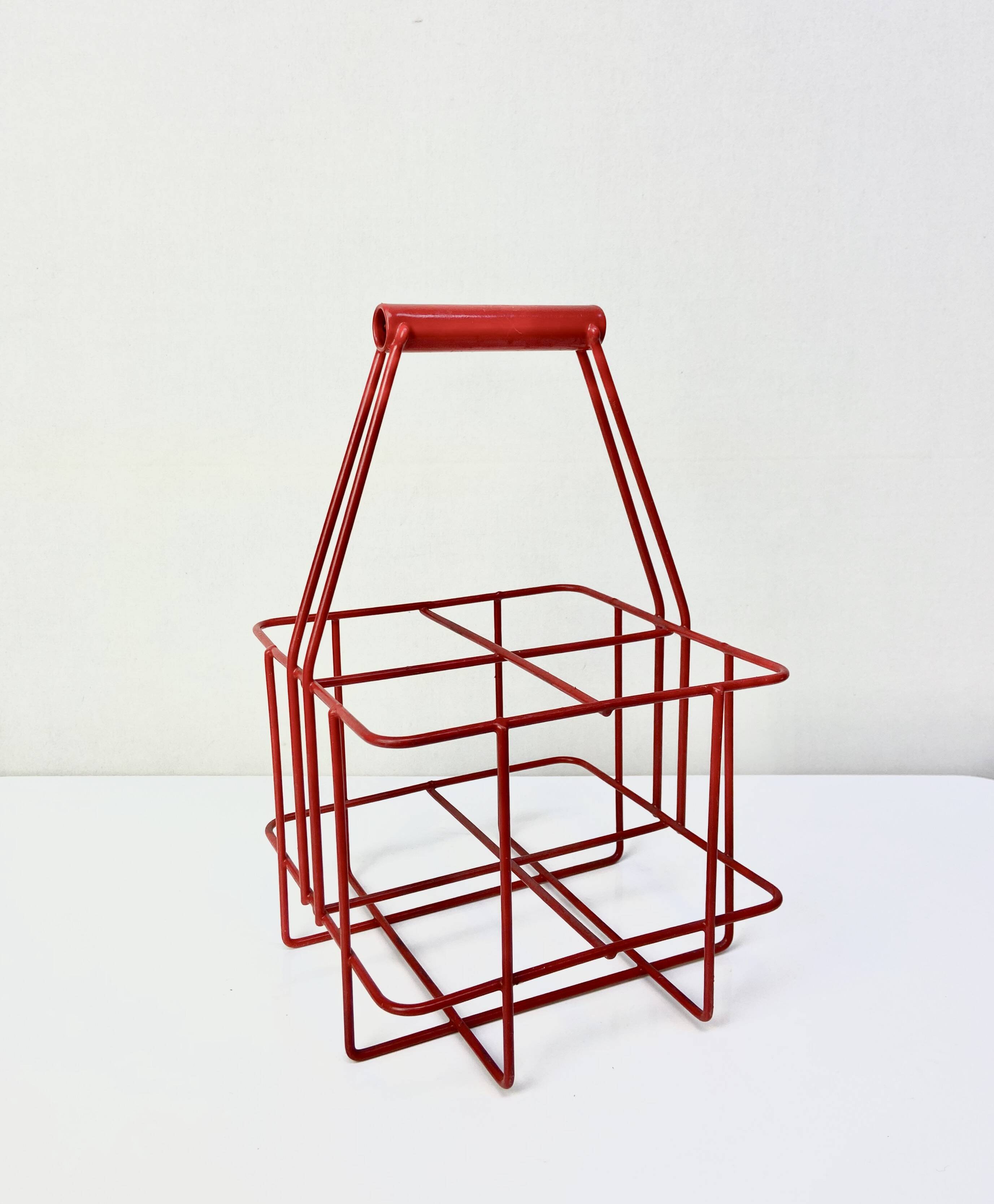 Metal bottle holder basket covered in bright red - caddy for 4 bottles