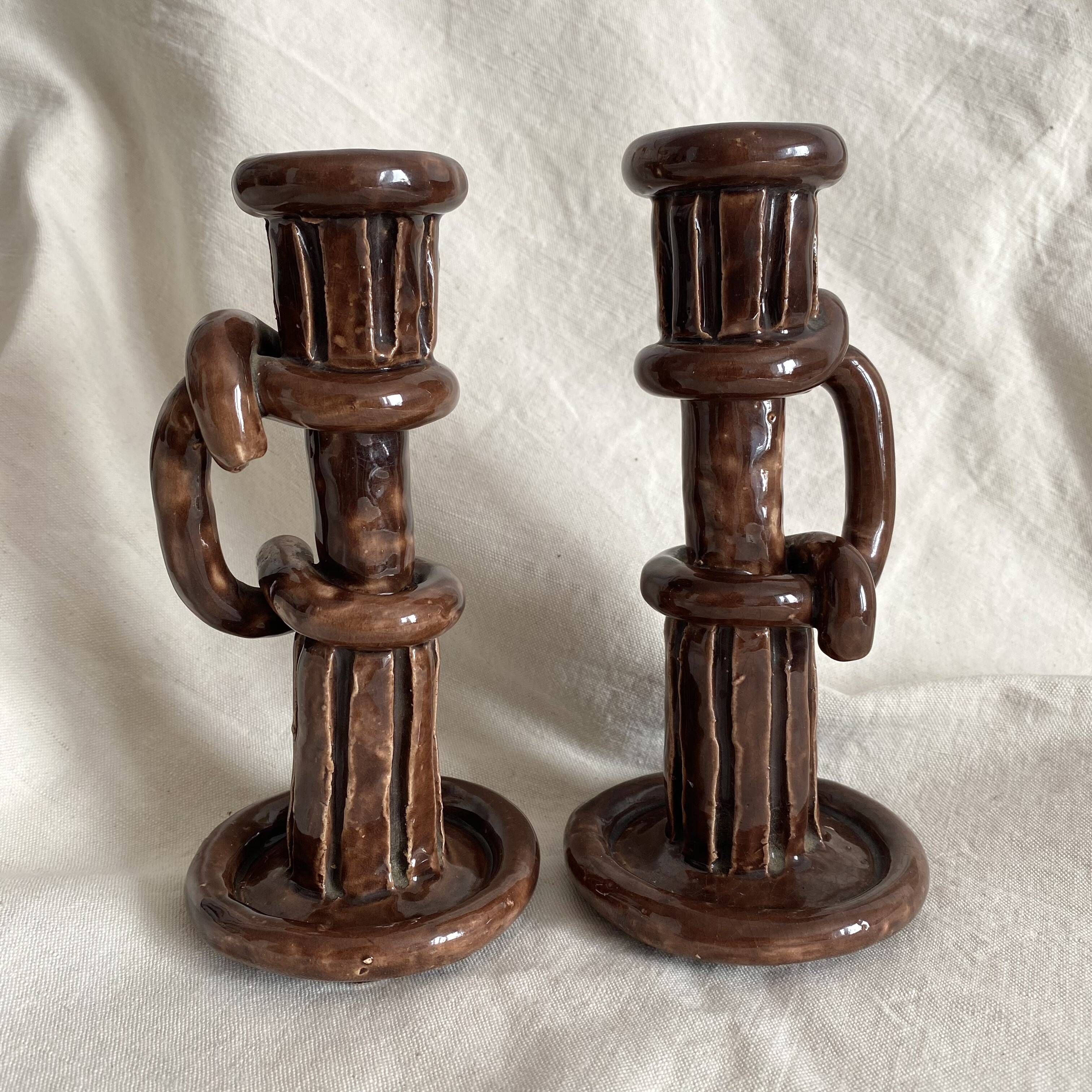 Pair of column candle holders in handmade ceramic