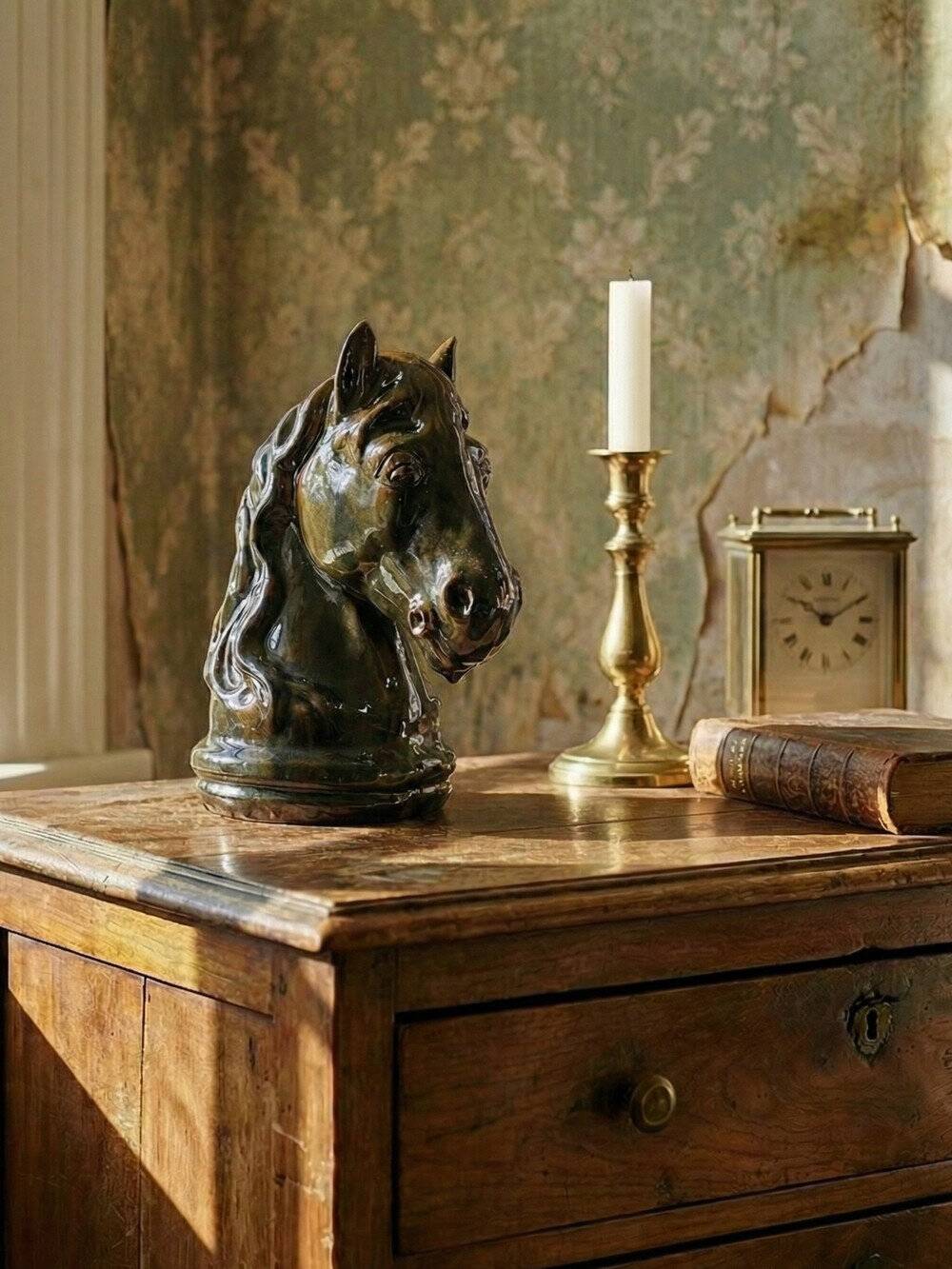 Vintage 1980s glazed terracotta chess knight or horse head.
