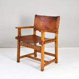 19th century oak and cognac leather brutalist castellana spanish armchair