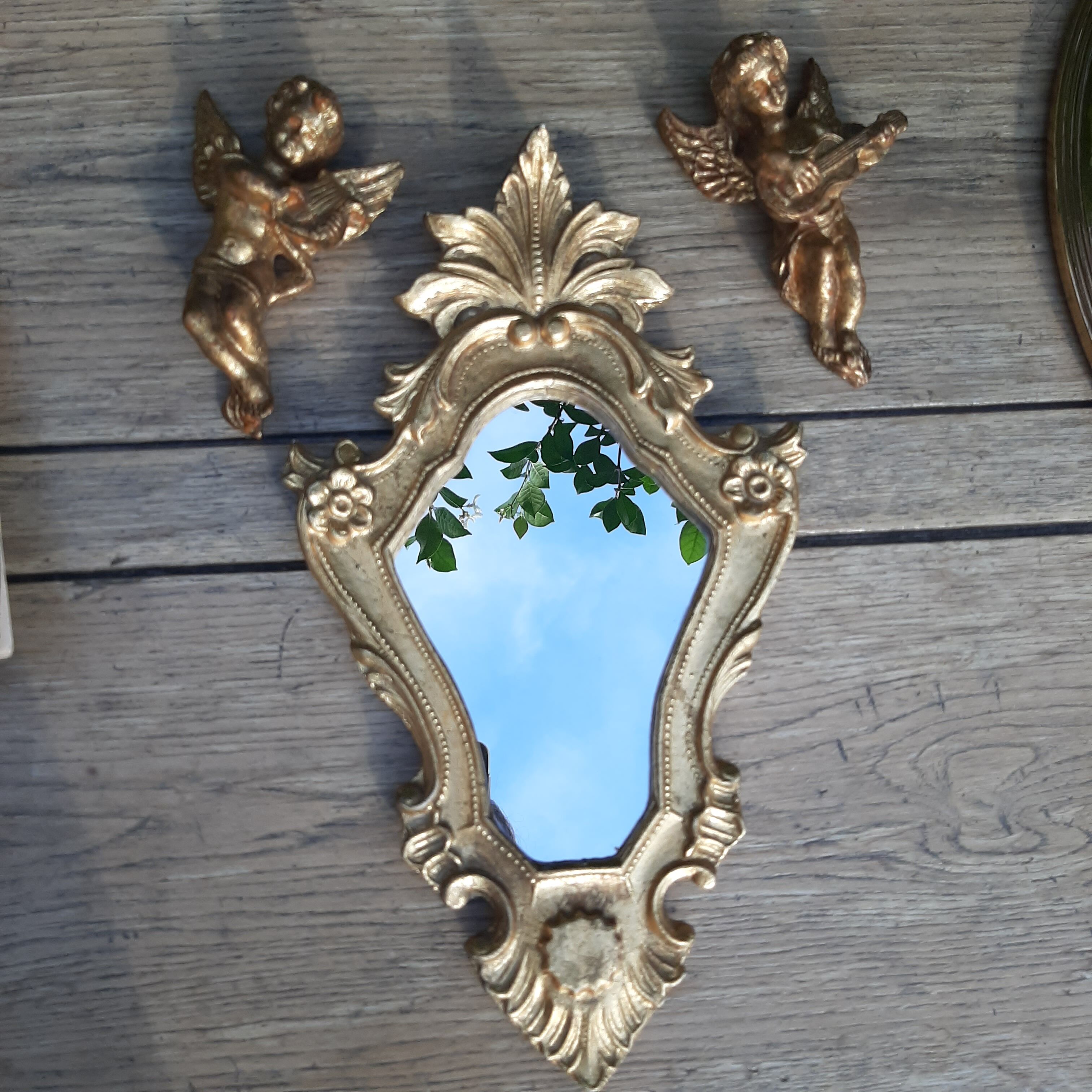 Miroir baroque bois doré et 2 angelots