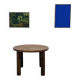Modernist round table, solid oak, cylindrical pine base, DLG Perrian.