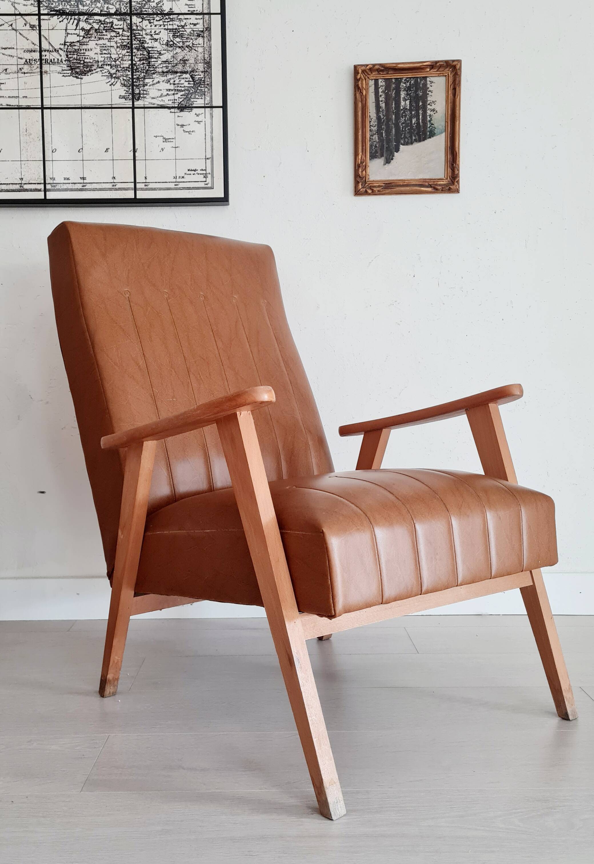 Scandinavian armchair with camel compass legs