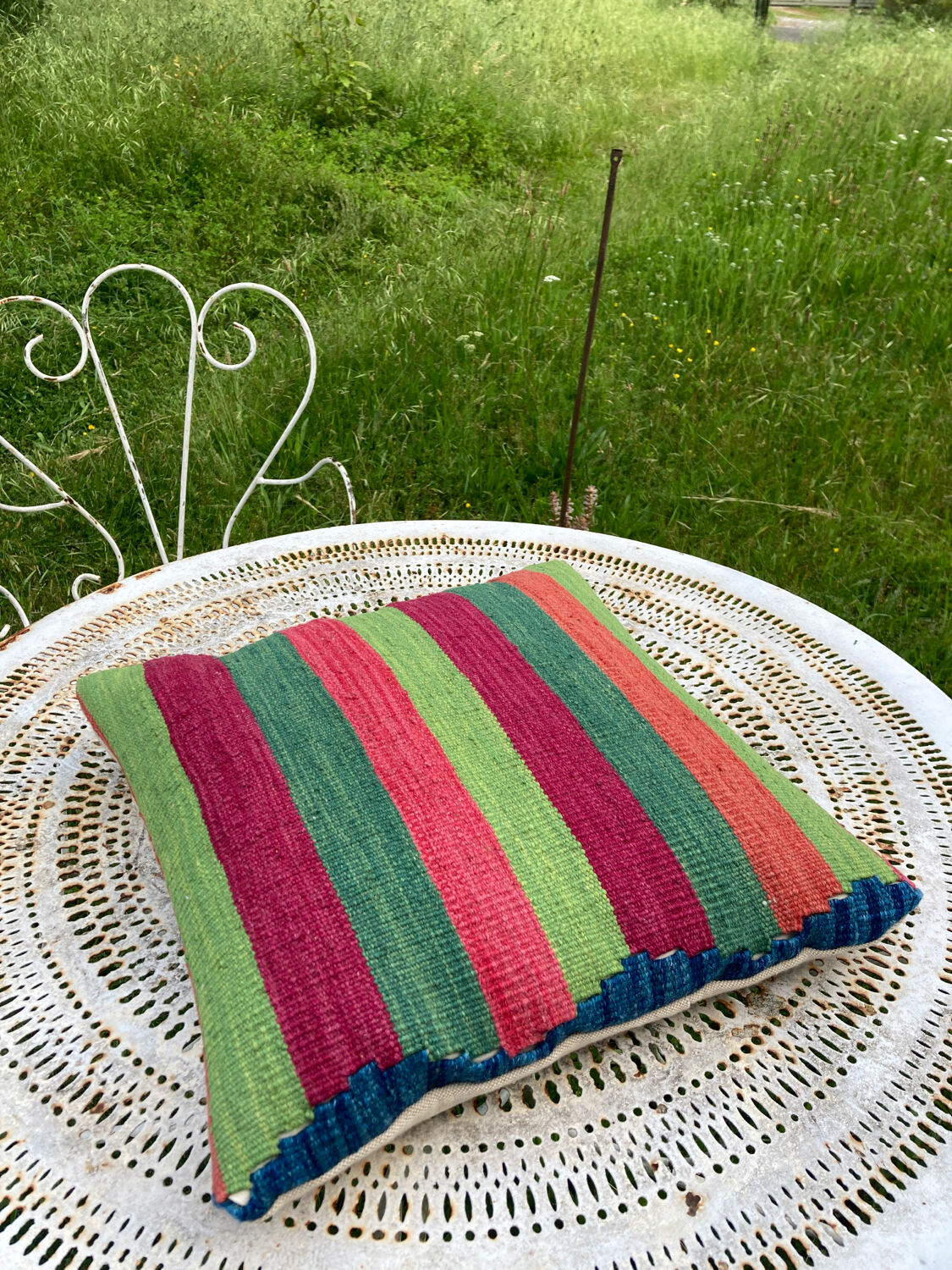 Turkish kilim cushion with stripes green red orange and blue 50x50cm