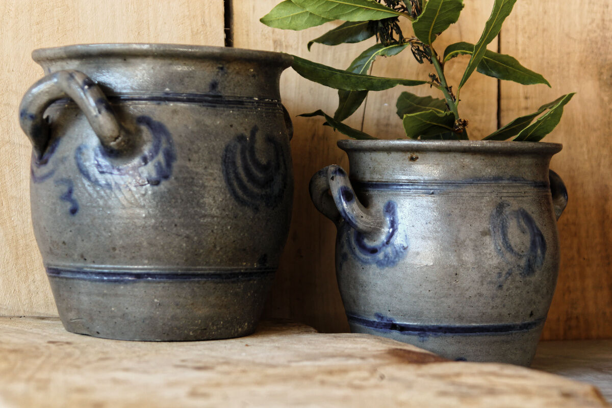 2 old Betschdorf, Alsatian salt pots with ears