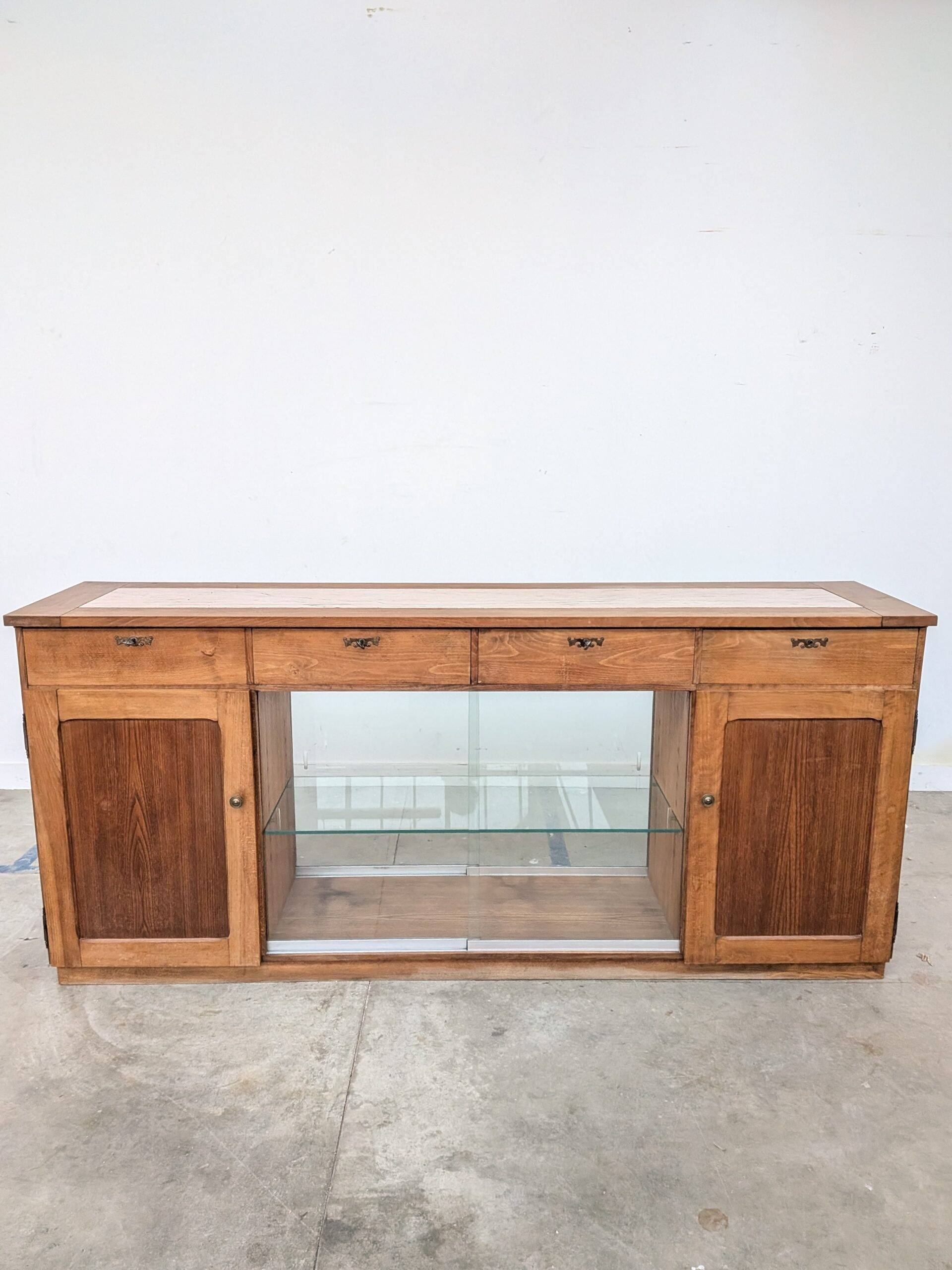 Double-sided counter in wood and pink marble (233 cm)