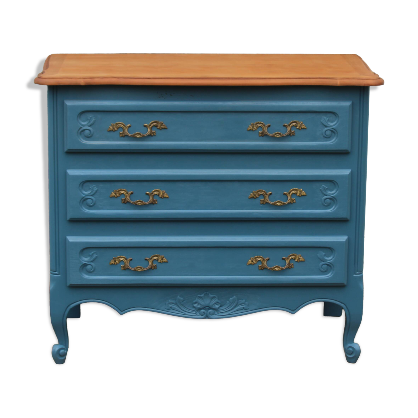 Commode ancienne rénovée bleu – plateau bois – 3 tiroirs