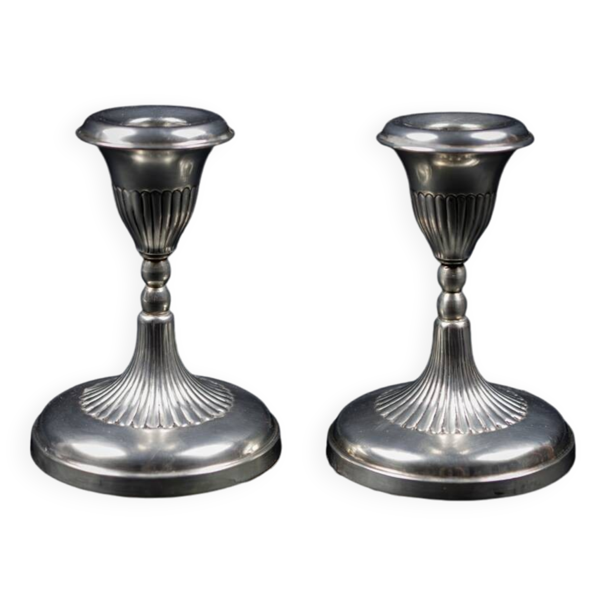 Pair of Small Antique Silver Metal Candlesticks - Fluted Base