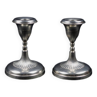 Pair of Small Antique Silver Metal Candlesticks - Fluted Base