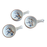 3 ceramic casserole dishes with blue and brown branch pattern