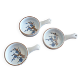 3 cassolettes caquelons en céramique motif branchages bleu et marron