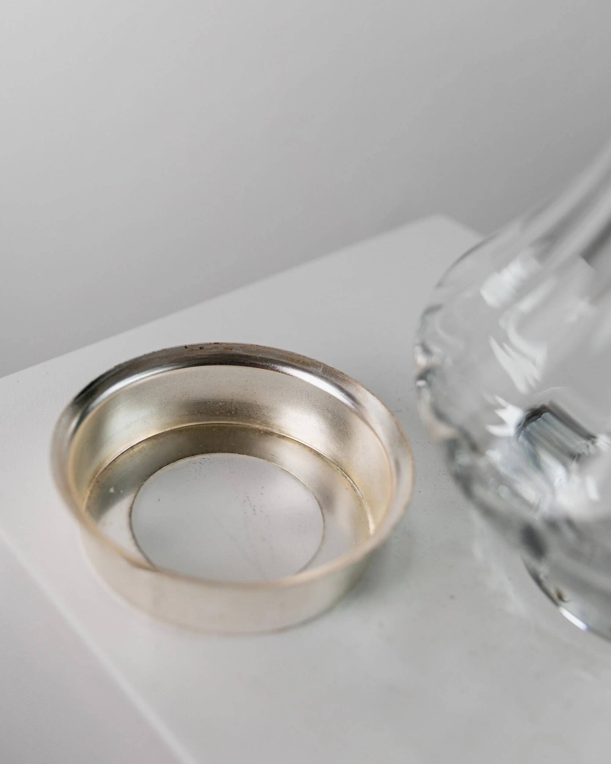 Vintage glass vase from the 1980s, transparent glass with fine linear pattern and silver metal details, elegant sculptural flower vase, gift idea.