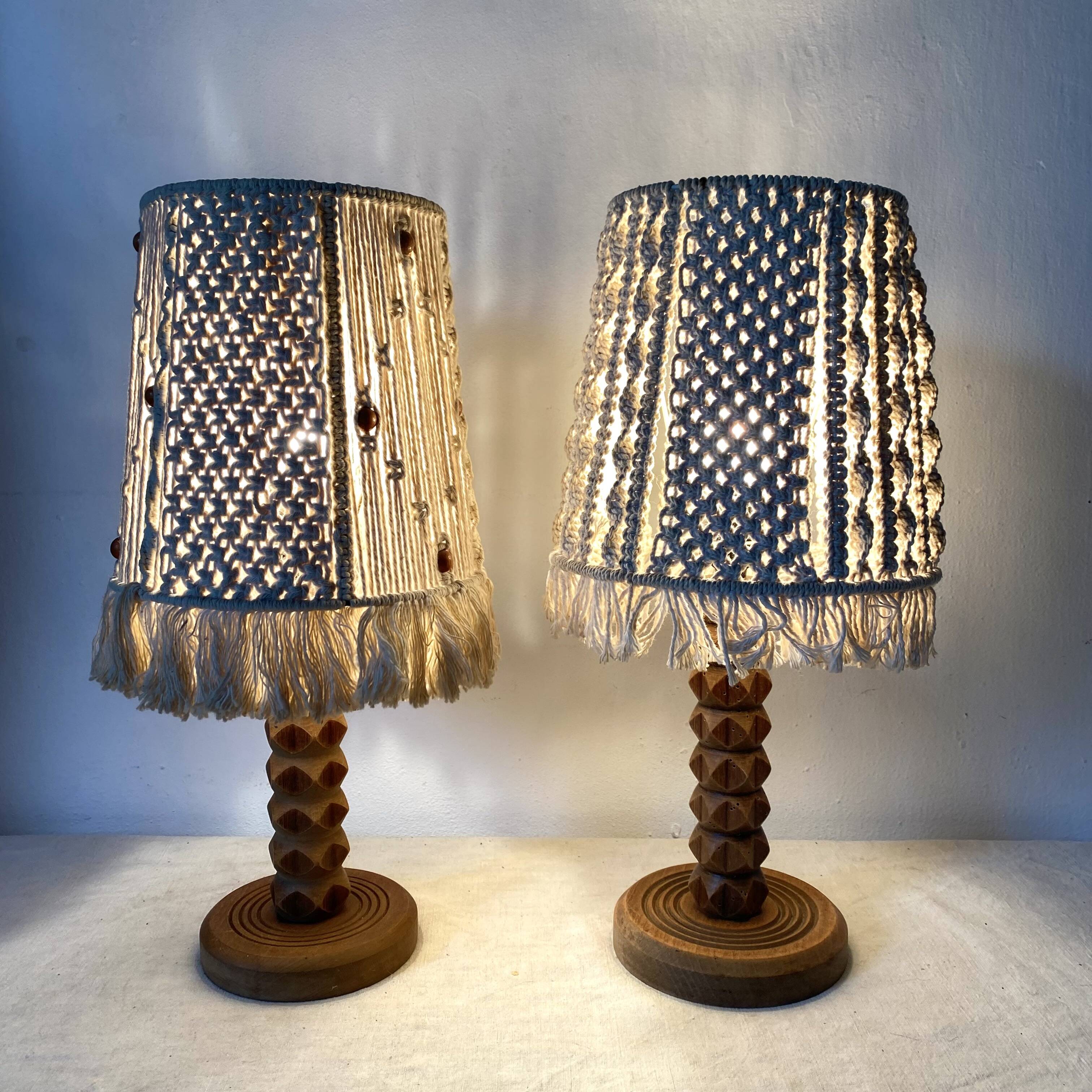 Pair of carved wood and macramé bedside lamps