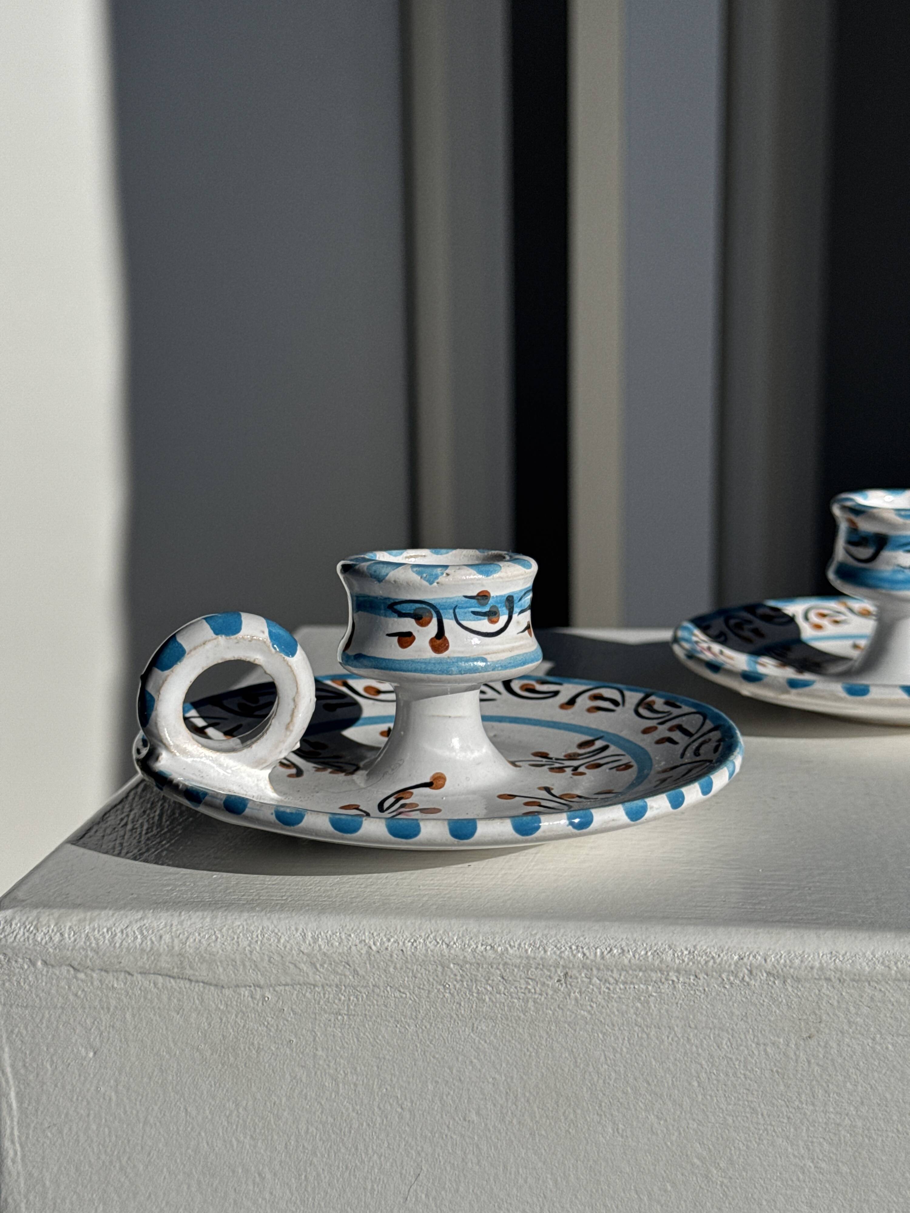 Light blue Moustiers candlestick H5 D12.5