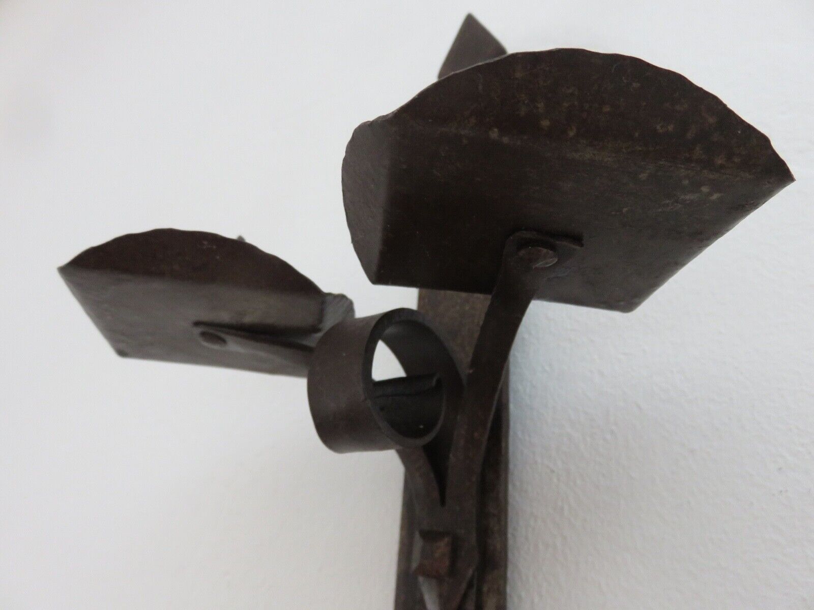 Series of 3 brutalist double wall candle holders in wrought iron beaten 40 years 50