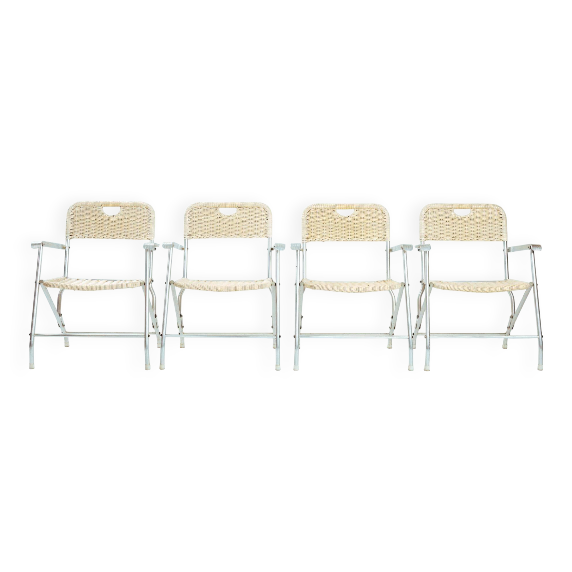 4 chaises de jardin pliantes en osier Tossa de style mid-century par Hilbrant, Italie, années 1960.